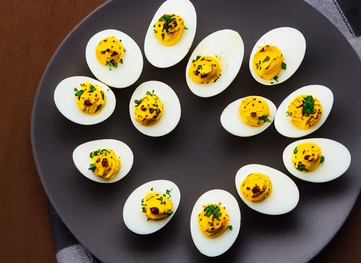 Image similar to dslr food photograph of a deviled eggs, 8 5 mm f 1. 8