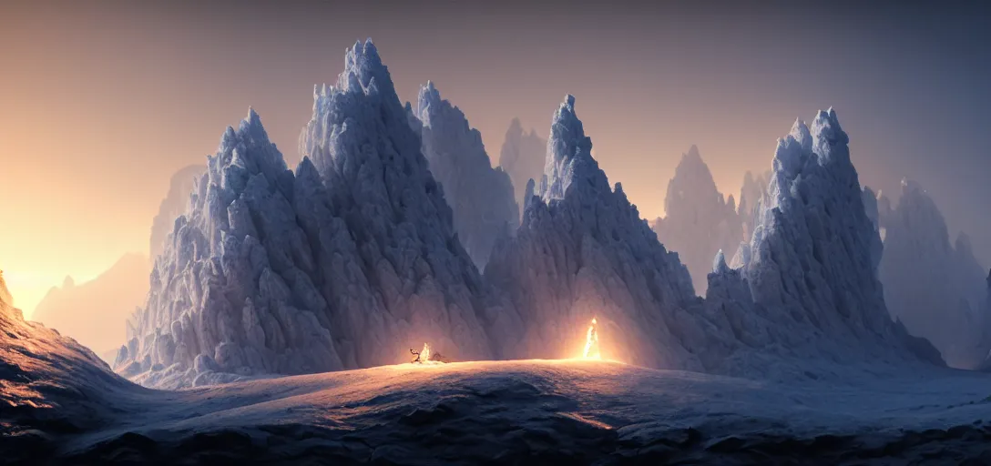 Image similar to octane render uhd, filmic lighting, cinematic art shot, hyperrealistic, hyperdetailed, super detailed, 8 k, high resolution, white rocks made of bone, 8 k uhd matte painting by ross tran and ivan aivazovsky, mega high white mountain, midnight