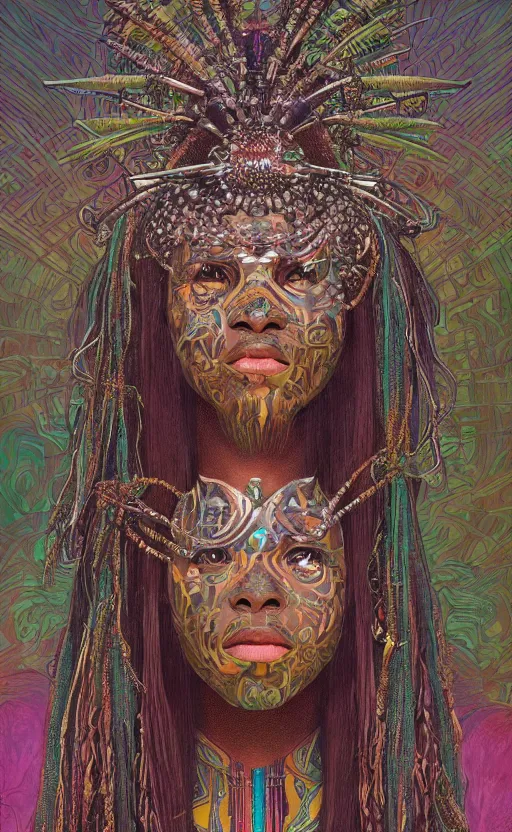 Image similar to upper half portrait of retro futuristic african tribal chief - embellished with vegetation and iridescent crystals, art by cheng, hsiao - ron & alphonso mucha, colouring by zdzisaw beksinski, highly detailed, digital painting, airbrush, concept art, illustration, smooth sharp focus, intricate, symmetry, artstation, colourful,