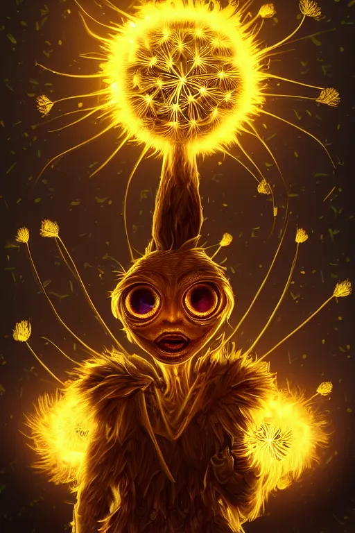 Prompt: a glowing humanoid figure dandelion monster with large glowing eyes, surrounded by golden coins, highly detailed, digital art, sharp focus, trending on art station, anime art style