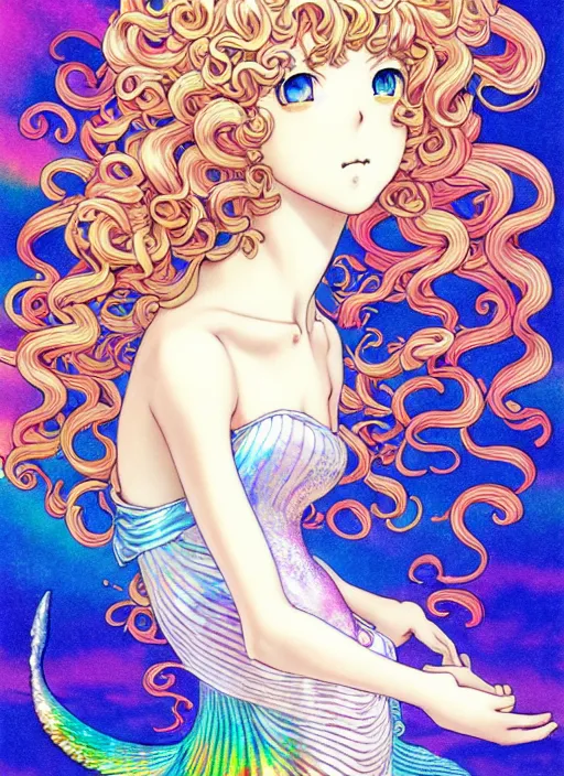 Prompt: manga of beautiful mermaid girl, curls hair, rococo ruffles dress, pastel rainbow, pearlescent, shimmering, reflective, rim light, detailed background, by takeshi obata, katsuhiro otomo, takato yamamoto, illustration, dark fantasitc, artstation, concept art, highly detailed, colorful, maximalist