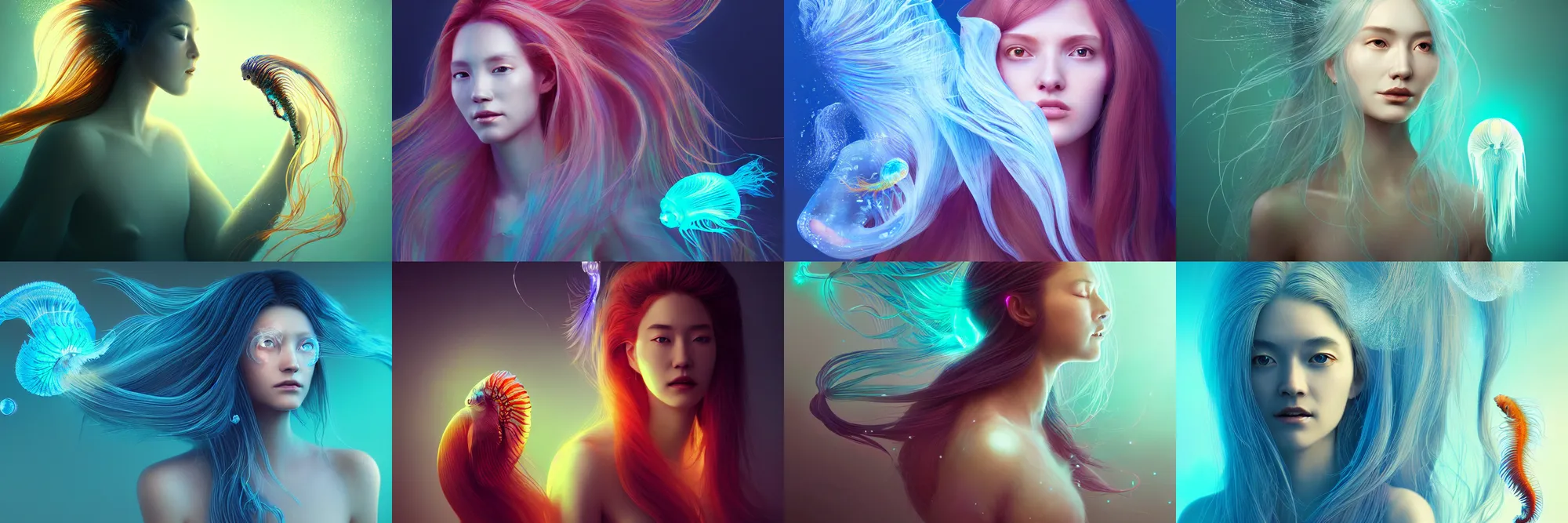Prompt: highly detailed portrait of a woman with long hairs. betta fish, jellyfish phoenix, bio luminescent, plasma, ice, water, wind, creature, artwork by tooth wu and wlop and beeple and greg rutkowski