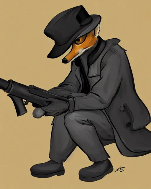 Image similar to a fox wearing a black trench - coat holding a mini - gun, comic art style, digital art,