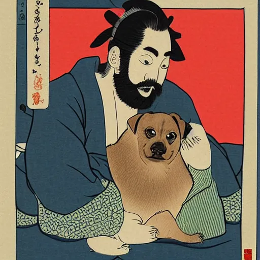 Image similar to twitch streamer forsen and his dog peppah in Ukiyo-e style, rule of thirds