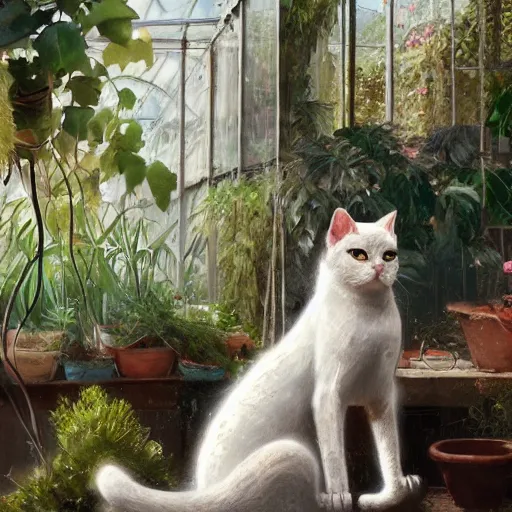 Prompt: two cats at a greenhouse in Ancient Greek | painting by Greg Rutkowski | trending on artstation | 8k | HD