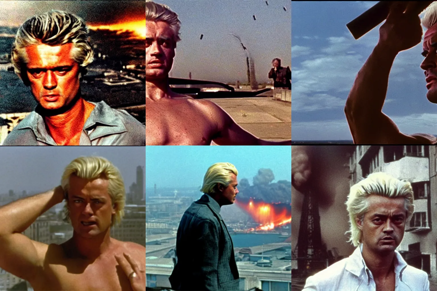 Prompt: Geert Wilders shirtless looking at a plane exploding above a city, Stalker (1979) by Andreï Tarkovski, cinémascope, epic ultrawide shot, cinémascope