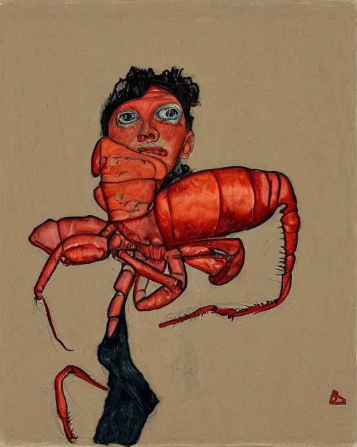 Prompt: portrait of an anthropomorphic lobster by egon schiele in the style of greg rutkowski