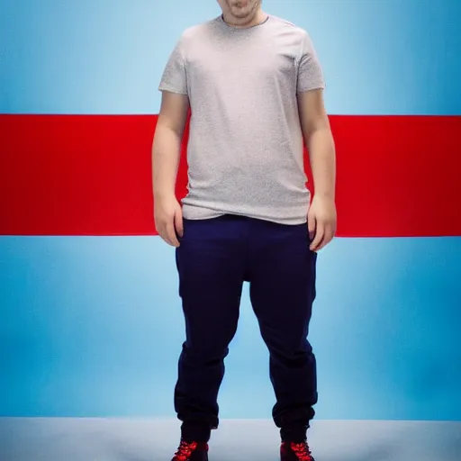 Image similar to a full body shot of an average white, short young - adult man with no beard and blue colored hair, wearing a red backwards cap, white t - shirt with a red no symbol on it, blue long pants and red shoes, holding a microphone, studio lighting, photoshoot, grey background