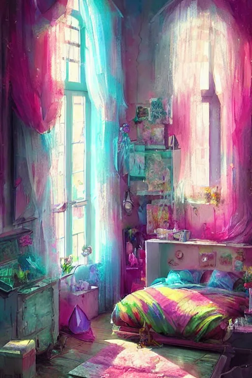 Prompt: hq sharp photo realistic shabby chic room with windows colorful atmospheric, lisa frank, greg rutkowski, artstation behance