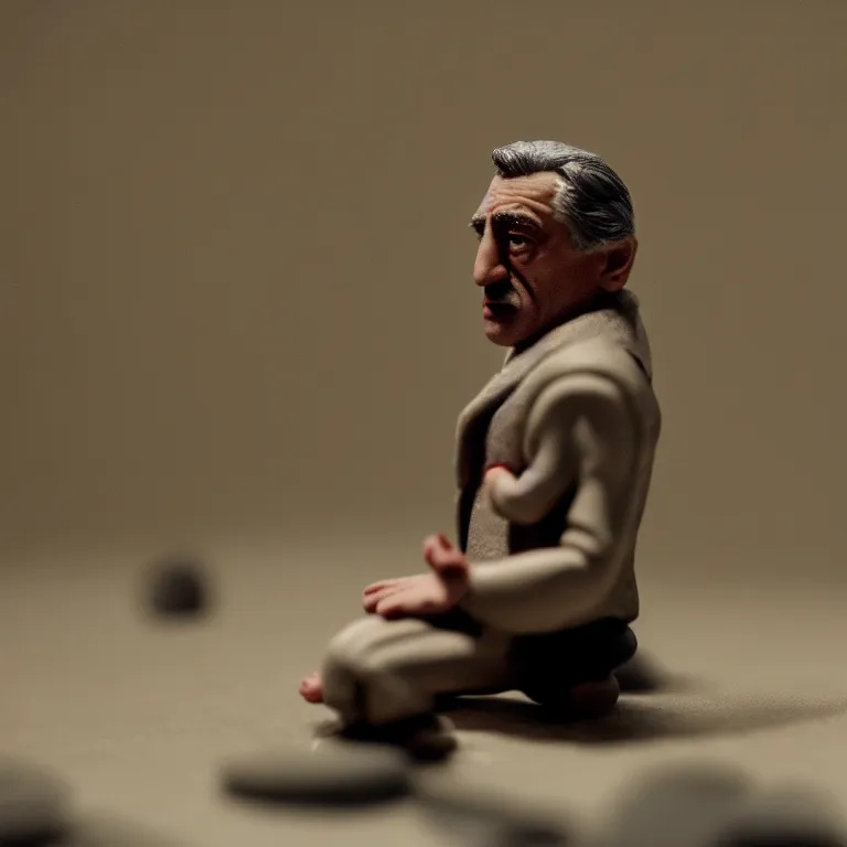 Prompt: a cinematic film still of a claymation stop motion film starring robert de niro, portrait, shallow depth of field, 8 0 mm, f 1. 8