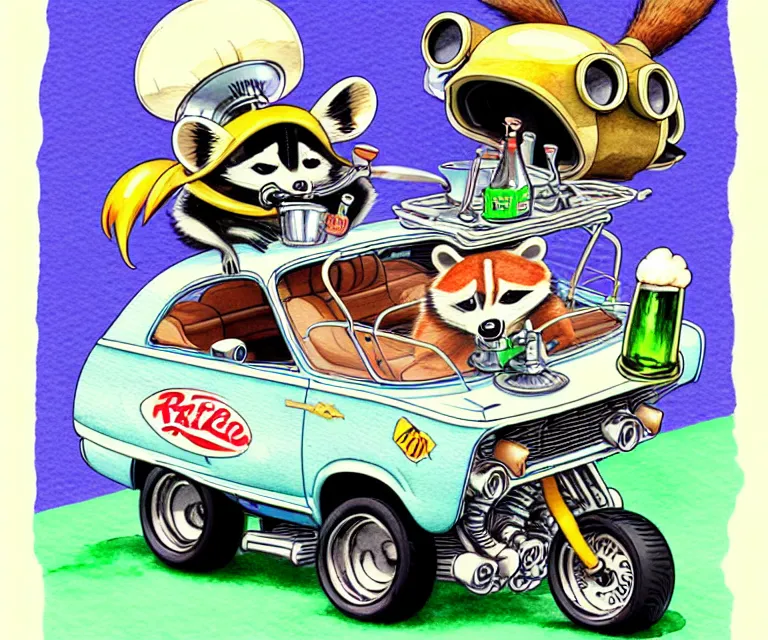 Prompt: cute and funny, racoon drinking beer wearing a helmet riding in a tiny hot rod coupe with oversized engine, ratfink style by ed roth, centered award winning watercolor pen illustration, isometric illustration by chihiro iwasaki, edited by range murata