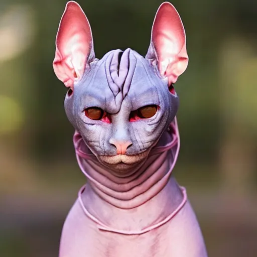 Image similar to samurai armor worn by hairless sphynx cat