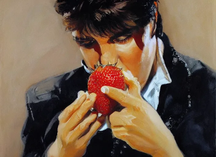 Prompt: a highly detailed beautiful portrait of elvis presley eating an strawberry, by gregory manchess, james gurney, james jean