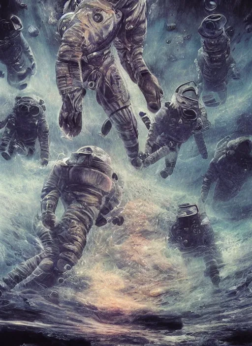 Image similar to astronauts in dark and empty void underwater - complex and hyperdetailed technical suit. reflection and dispersion materials. rays and dispersion of light. volumetric light. 5 0 mm, f / 3 2. noise film photo. flash photography. ultra realistic, wide angle. poster by wayne barlowe, hajime sorayama aaron horkey, craig mullins