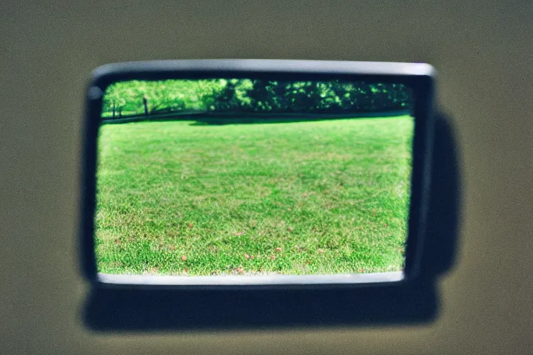 Image similar to film color photography, long view of square hand mirror lies at the green lawn, no focus, 35mm