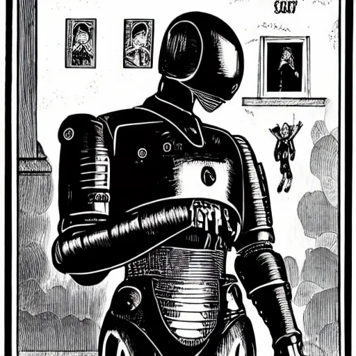 Prompt: robocop as one of the gashlycrumb tinies, edward gorey, black and white ink