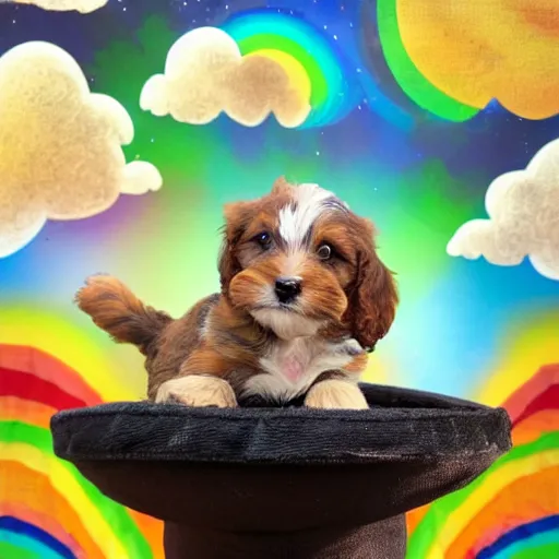 Image similar to highly detailed photograph of a light brown and black havanese puppy in a steampunk helmet riding a rocket ship over a rainbow