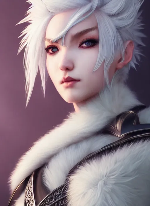 Prompt: fur - lined armor!!! beautiful and elegant white haired female!! gorgeous ayes!! character concept art, sharp focus, octane render! unreal engine 5! highly rendered!! trending on artstation!! detailed linework!! illustration by artgerm, wlop and chie yoshii