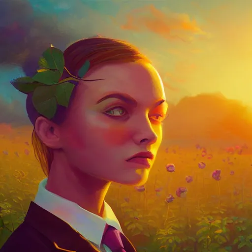 Prompt: closeup, huge rose flower face, frontal, girl with suit, surreal photography, sunrise, dramatic light, impressionist painting, digital painting, artstation, simon stalenhag