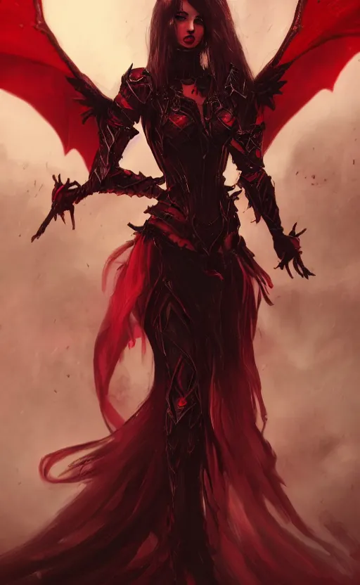 Prompt: Gothic princess in dark and red dragon armor with black wings, artstation trending, cinematic, highly detailded