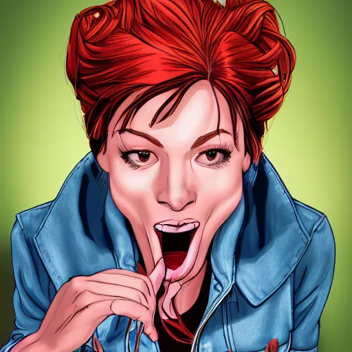 Prompt: very detailed portrait of Mary Jane Watson sticking her tongue out, 4K.