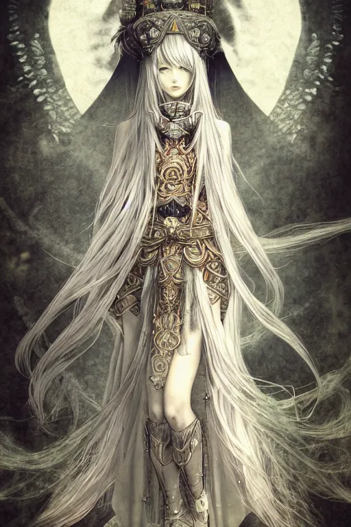 Prompt: A full body portrait of a female priestess with long silver hair by Akihiko Yoshida, fantasy, very detailed, matte, gaussian blur, tone mapping