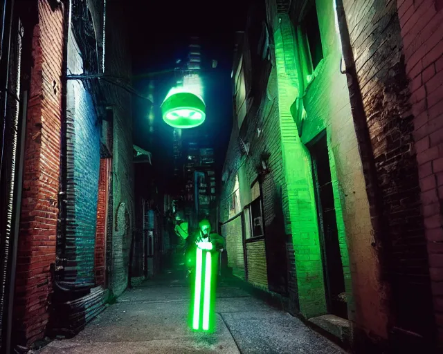 Image similar to a photograph of Batman holding a green lightsaber in a dark city alleyway at nighttime