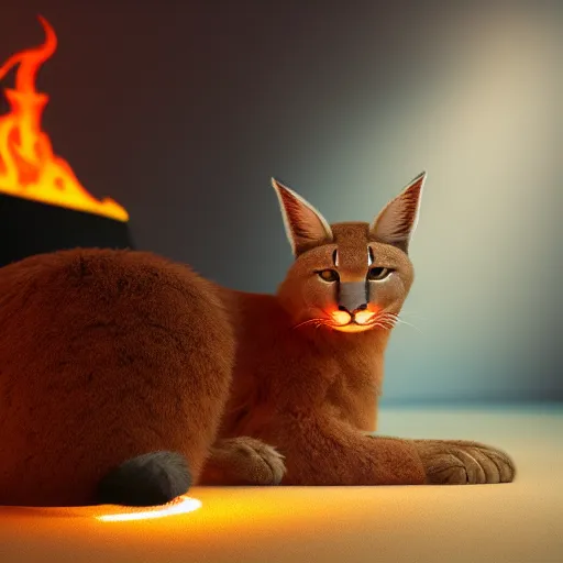 Prompt: wide-angle photo of fluffy caracal sitting on a chair in a room, flames of fire at background, octane render, 3d, 8k, hd, studio light