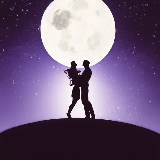 Image similar to the background is a huge moon. in the night environment, a man jumps into the air with a woman in his arms. in the middle of the moon are two figures in black silhouettes.