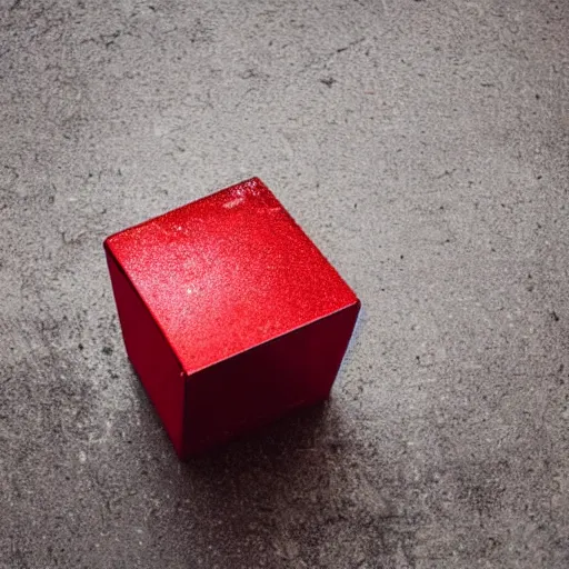 Prompt: a red metallic cube on a floor