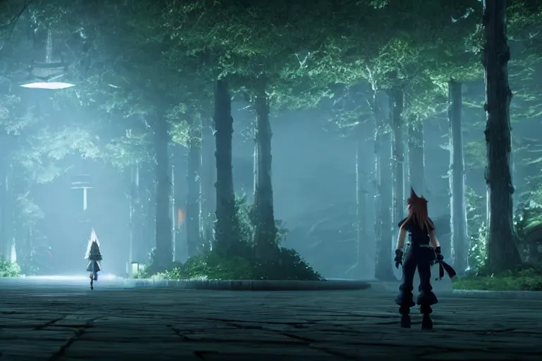 Image similar to game trailer of a final fantasy 7 for playstation by studio ghibli, sharp, final fantasy seven trailer still, steampunk forest, landscape, cinematic lighting, ray tracing, unreal engine 5, photorealistic