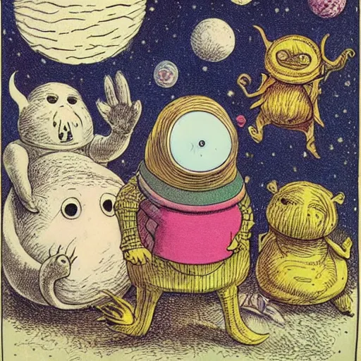 Image similar to Liminal space in outer space by John Tenniel, with weird Alice in Wonderland style creatures, colorized