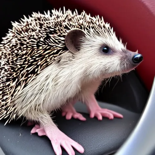 Prompt: a hedgehog with paws at a steering wheel