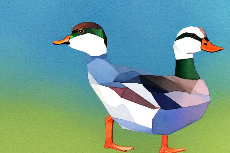 Image similar to a watercolor painting of mallard duck with blue screen background lowpoly art