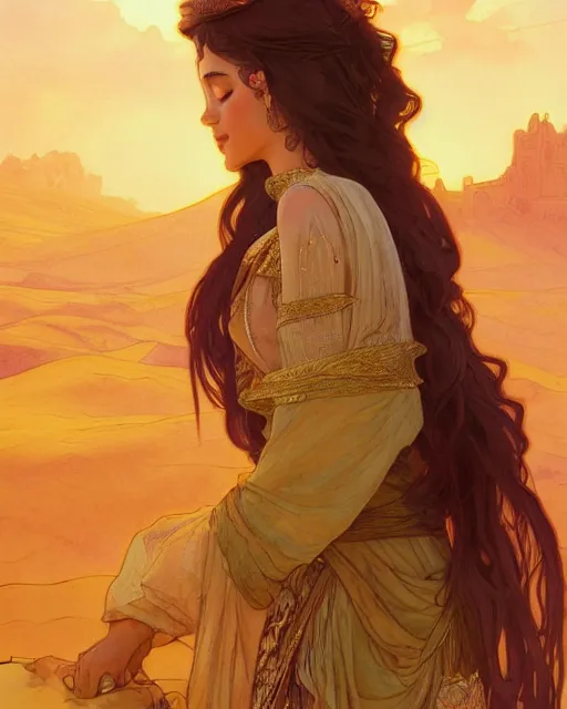 Image similar to bedouin in the desert, highly detailed, gold filigree, romantic storybook fantasy, soft cinematic lighting, award, disney concept art watercolor illustration by mandy jurgens and alphonse mucha and alena aenami, pastel color palette, featured on artstation