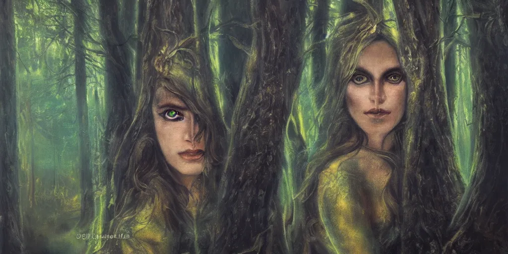 Image similar to Mavka, the mythological spirit of the forest, hiding behind trees in the dark, glowing eyes, oil painting, dramatic lighting, smooth, sharp focus, extremely detailed, exquisite