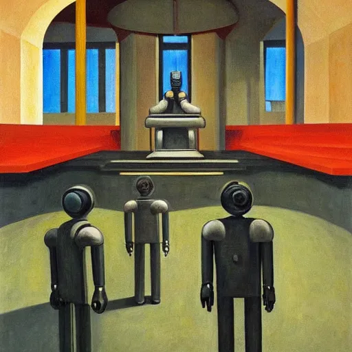 Image similar to drab human workers building robots, watched by evil fascist overlords, brutalist factory chapel, dystopian, pj crook, edward hopper, oil on canvas