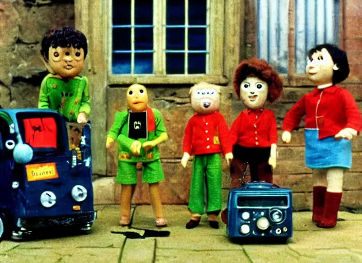 Prompt: a scene from a 1 9 7 0 s british kids tv programme by the bbc and oliver postgate, stop motion animation, postman pat, vhs distortion, cathode ray tube distortion, folk horror, hauntology