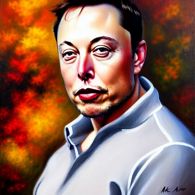 Prompt: stunning serene portrait of Elon Musk by Mark Arian, oil on canvas, masterpiece, realism, piercing gaze, autumn bokeh