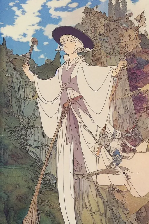 Prompt: A pure white witch wearing a giant hat flies through the skies of a fantasy medieval city on a broomstick by studio ghibli and mucha