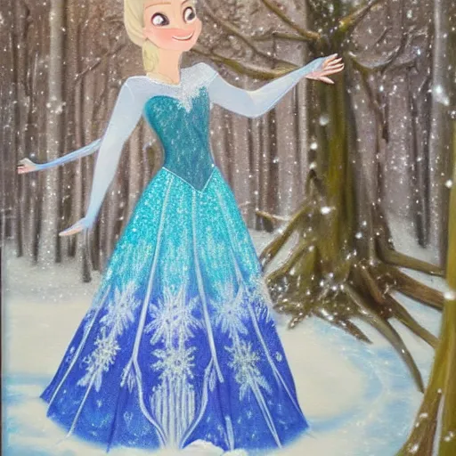Prompt: an oil painting of a smiling princess elsa, she is wearing a blue princess dress, white snow, forest, hare, the picture is elegant and cheerful.