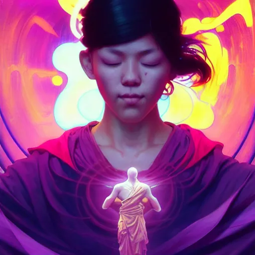 Image similar to a floating monk meditating, channeling swirling energy, wearing cyberpunk clothing, vaporwave aesthetic, colorful, psychedelic, digital painting, artstation, concept art, smooth, sharp focus, illustration, art by artgerm and greg rutkowski and alphonse mucha