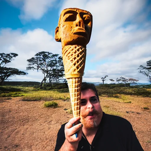 Image similar to a man holding an ice cream cone with a moai 🗿 in it, 4 k photograph