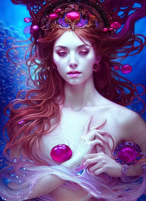 Prompt: an underwater photographic beauty portrait of goddess made out of ruby gemstone, cinematic, volumetric lighting, fantasy, intricate, elegant, highly detailed, digital painting, artstation, concept art, smooth, sharp focus, illustration, art by ayami kojima, artgerm and h r giger and alphonse mucha