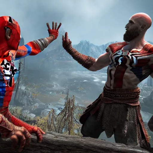 Image similar to screenshot of the game God of War with Kratos and Spiderman high fiving | Sony Pictures official media | Spiderman | Spiderman | Spiderman