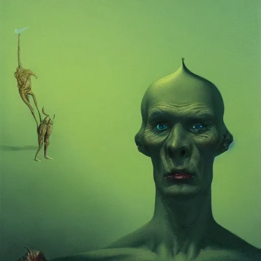 Image similar to Swiss Cheese Man portrait, dark fantasy, green background, artstation, painted by Zdzisław Beksiński and Wayne Barlowe