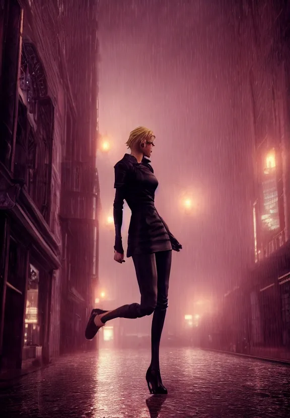 Image similar to cosmopolitan model annie leonhart posing with open toe heels in dunwall city, beautiful face, detailed face, cinematic lighting, rainy weather, melancholy atmosphere, volumetric light, octane render, gothic architecture, realistic reflections, octane render 8 k, model agency, instagram photo, depression and despair