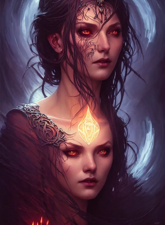 Prompt: Necromancer Sorceress face in center, fantasy magic, undercut hairstyle, dark light night, intricate, elegant, sharp focus, illustration, highly detailed, digital painting, concept art, matte, art by WLOP and Artgerm and Greg Rutkowski and Alphonse Mucha, masterpiece