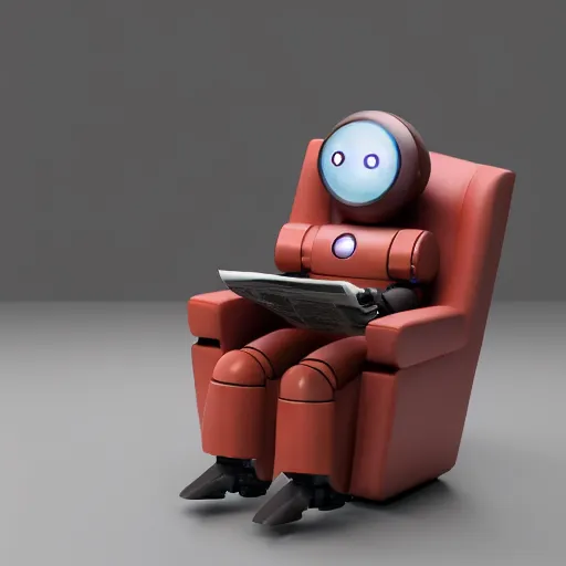 Image similar to futuristic lonely matte brown and red full-body humanoid robot with two huge round expressive sad purple glowing LED eyes and open rectangular mouth sitting on a large comfortable cushioned 1950s vintage recliner reading a newspaper. open newspaper. Cinematic Movie Photograph, Arri Alexa, Extremely Detailed, smooth, very very clean, 8K, octane render, maya render, unreal engine, trending on artstation, DSLR, excellent composition, center frame