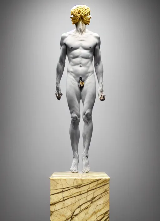 Image similar to a statue made of white marble with gold veins, of john linnell from they might be giants, transhumanism, full body shot, perfect symmetrical body, perfect symmetrical face, hyper realistic, hyper detailed, by johannen voss, by peter kemp, by monia merlo, by michelangelo, octane render, blender, 8 k